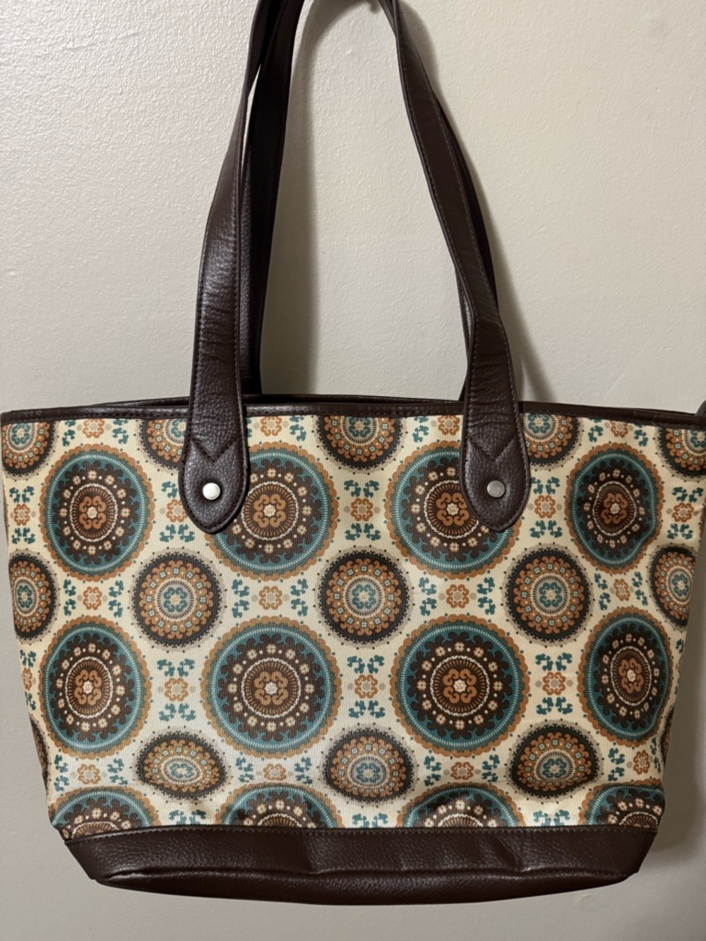 Bella Canvas Cream Tote with Teal and Brown Medallion Print - Picture 2 of 7